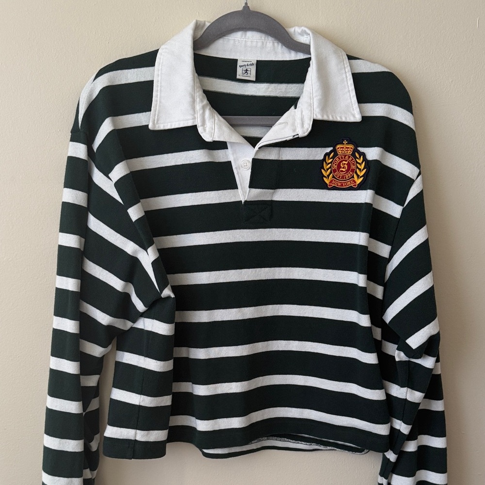 Sporty & Rich Rugby Green and White Striped Polo L